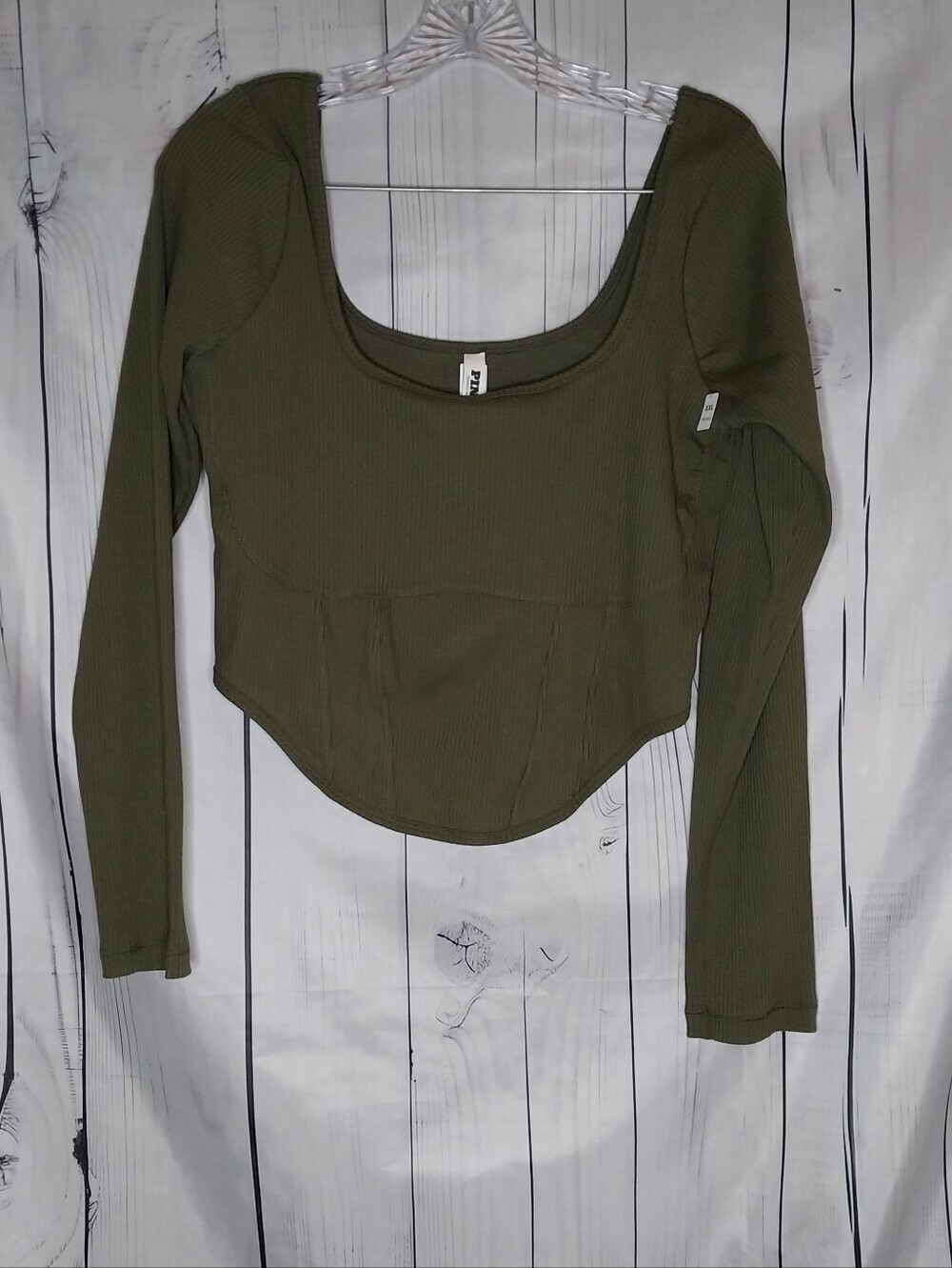 Victoria's Secret PINK The Cinched Long Sleeve Olive Ribbed Scoop-Neck Crop Top